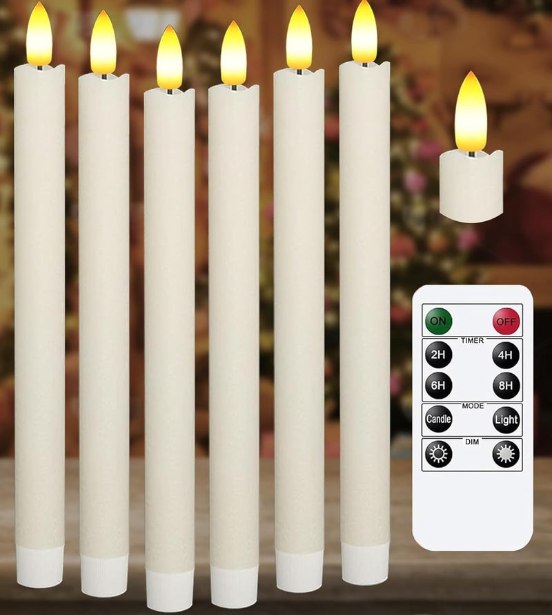 KSWING Upgraded Real Wax LED Flameless Taper Candles with Remote, 6 PCS White Candlesticks Battery Operated 3D Flickering - 9.6" Long Realistic Fake Candle Sticks for Home/Wedding/Fireplace Xmas Decor - Image 1